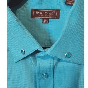 Henri Picard Button‎ Down Shirt Mens 16.5 Y2K Turquoise Rhinestone Point Collar